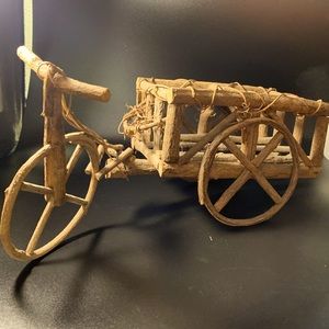 Vintage Wooden Tricycle with Cart Cage Sticks Wicker Miniature Decor